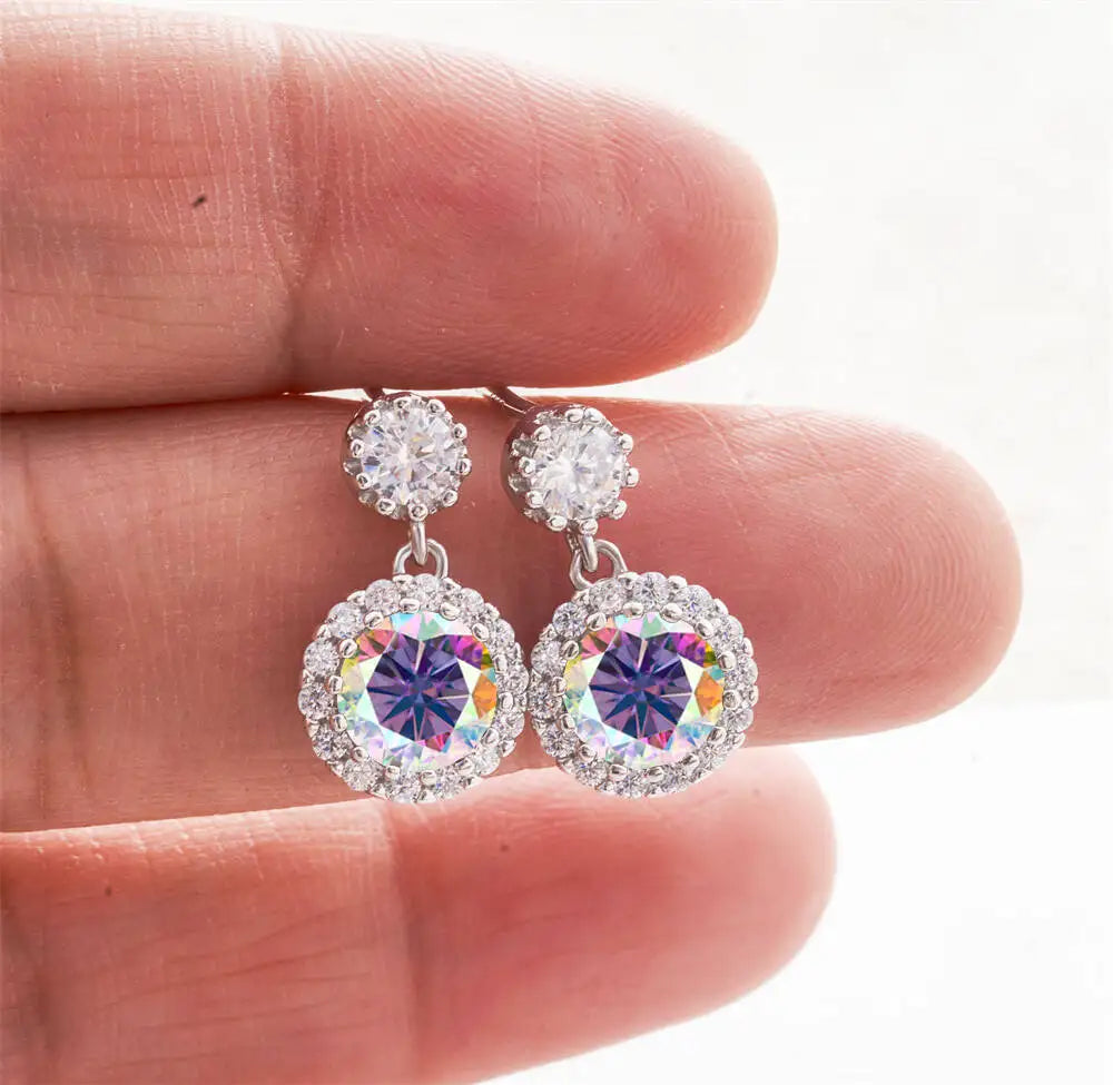 Moissanite Halo Drop Earrings in 925 Sterling Silver — Purple Multicolor — BandsCo Straps