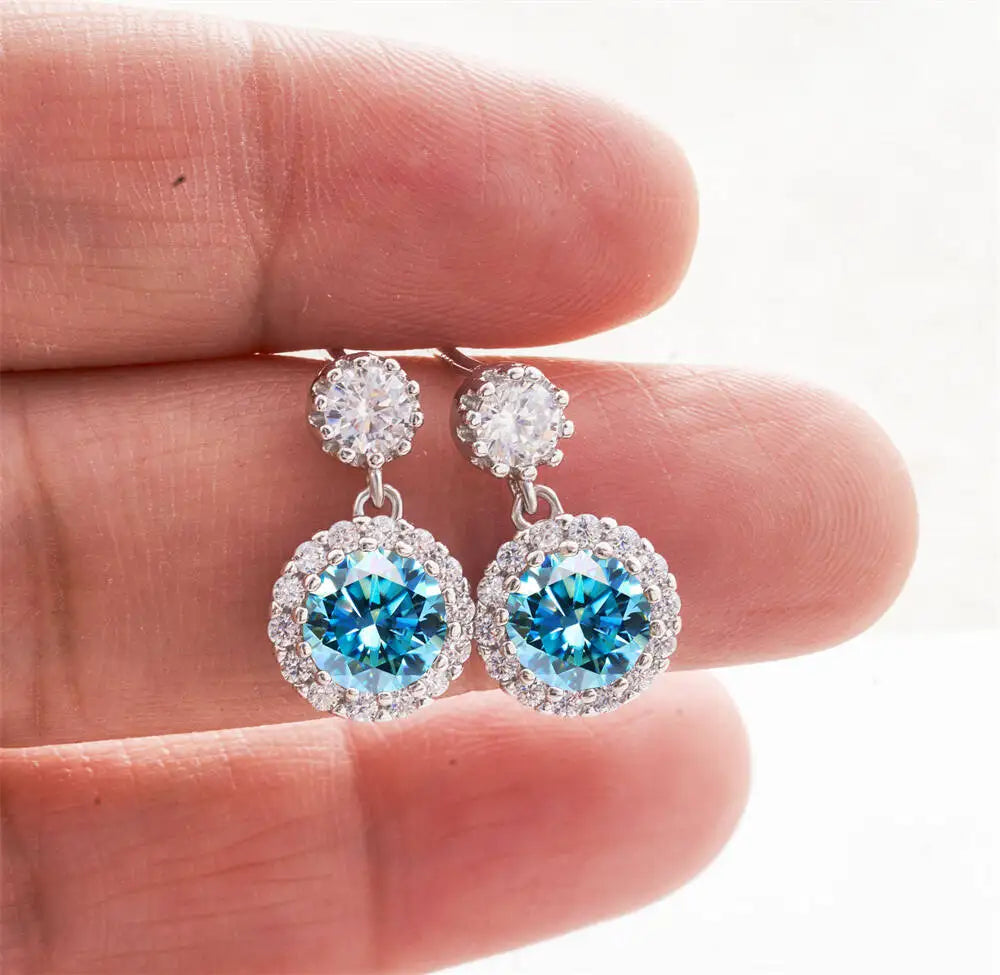 Moissanite Halo Drop Earrings in 925 Sterling Silver — Sea Blue — BandsCo Straps