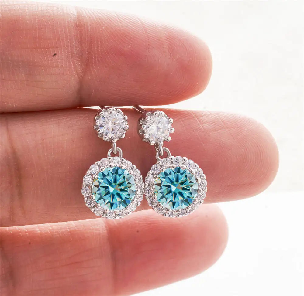 Moissanite Halo Drop Earrings in 925 Sterling Silver — Blue — BandsCo Straps