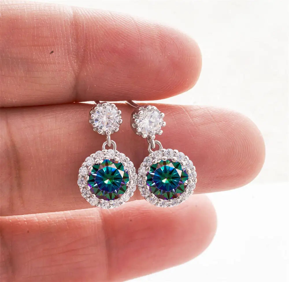 Moissanite Halo Drop Earrings in 925 Sterling Silver — Rainbow — BandsCo Straps
