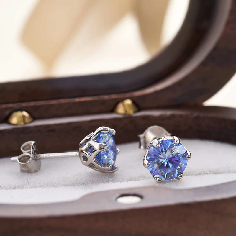 Round Moissanite Stud Earrings in Platinum-Plated Silver - Blue studs in presentation box