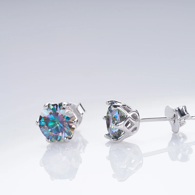 Round Moissanite Stud Earrings in Platinum-Plated Silver - Rainbow stones close-up