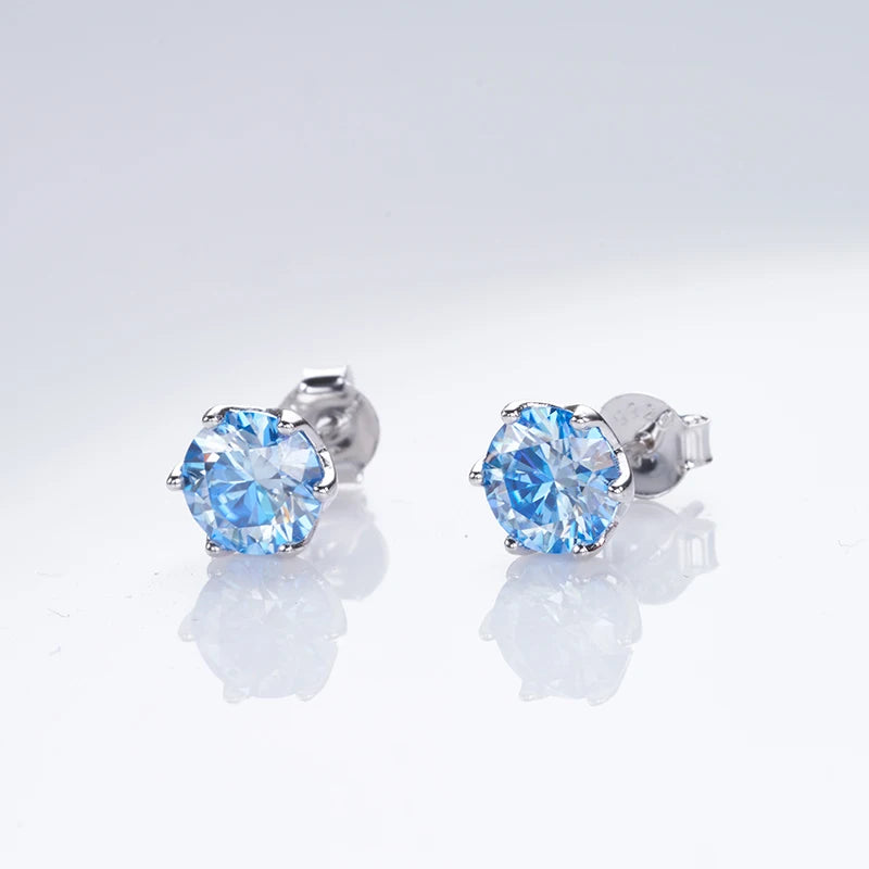 Round Moissanite Stud Earrings in Platinum-Plated Silver - Blue stud setting