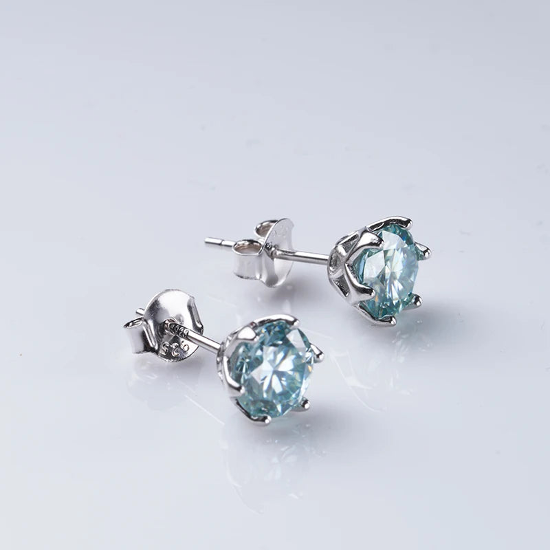 Round Moissanite Stud Earrings in Platinum-Plated Silver - Pale blue stud setting
