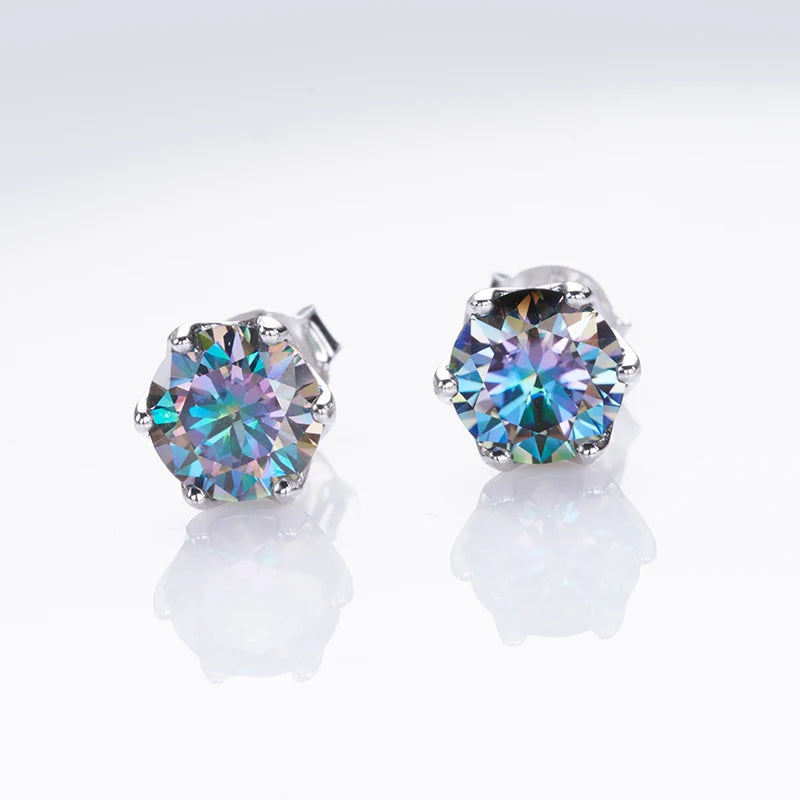 Round Moissanite Stud Earrings in Platinum-Plated Silver - Rainbow pair