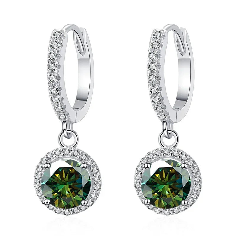 Colored Halo Moissanite Hoop Drop Earrings in Silver — Dark green