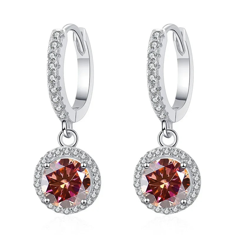 Colored Halo Moissanite Hoop Drop Earrings in Silver — Orange