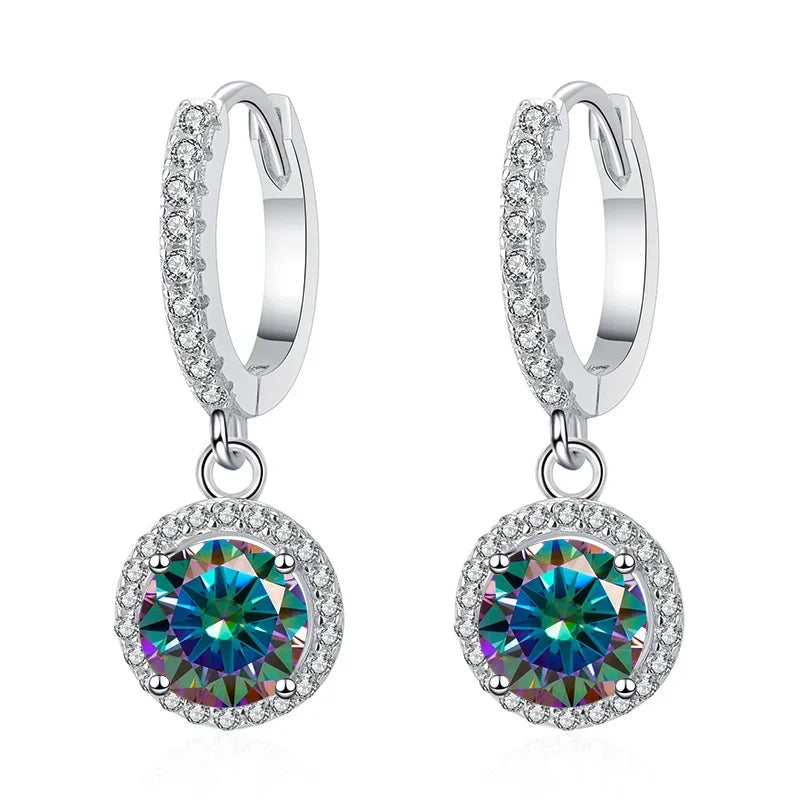 Colored Halo Moissanite Hoop Drop Earrings in Silver — Rainbow