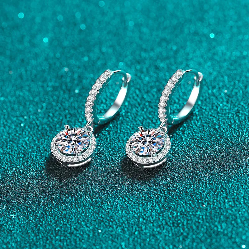 Colored Halo Moissanite Hoop Drop Earrings in Silver — White hoop closures