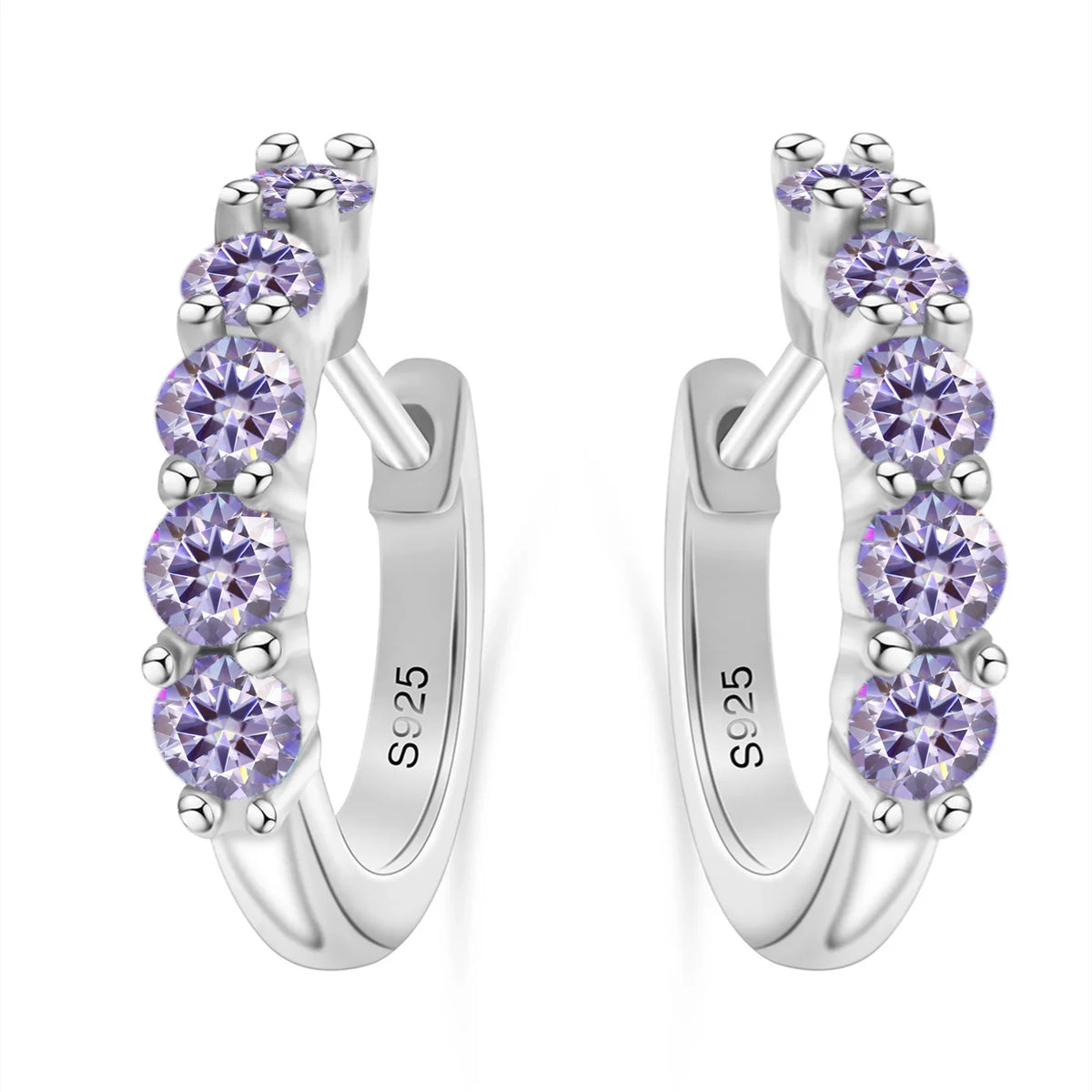 Colorful Five-Stone Moissanite Hoop Earrings in Sterling Silver — Light Purple