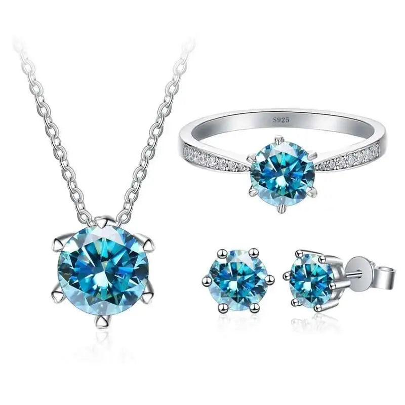 Colorful Moissanite Ring, Stud Earrings & Necklace Set — Sea Blue set