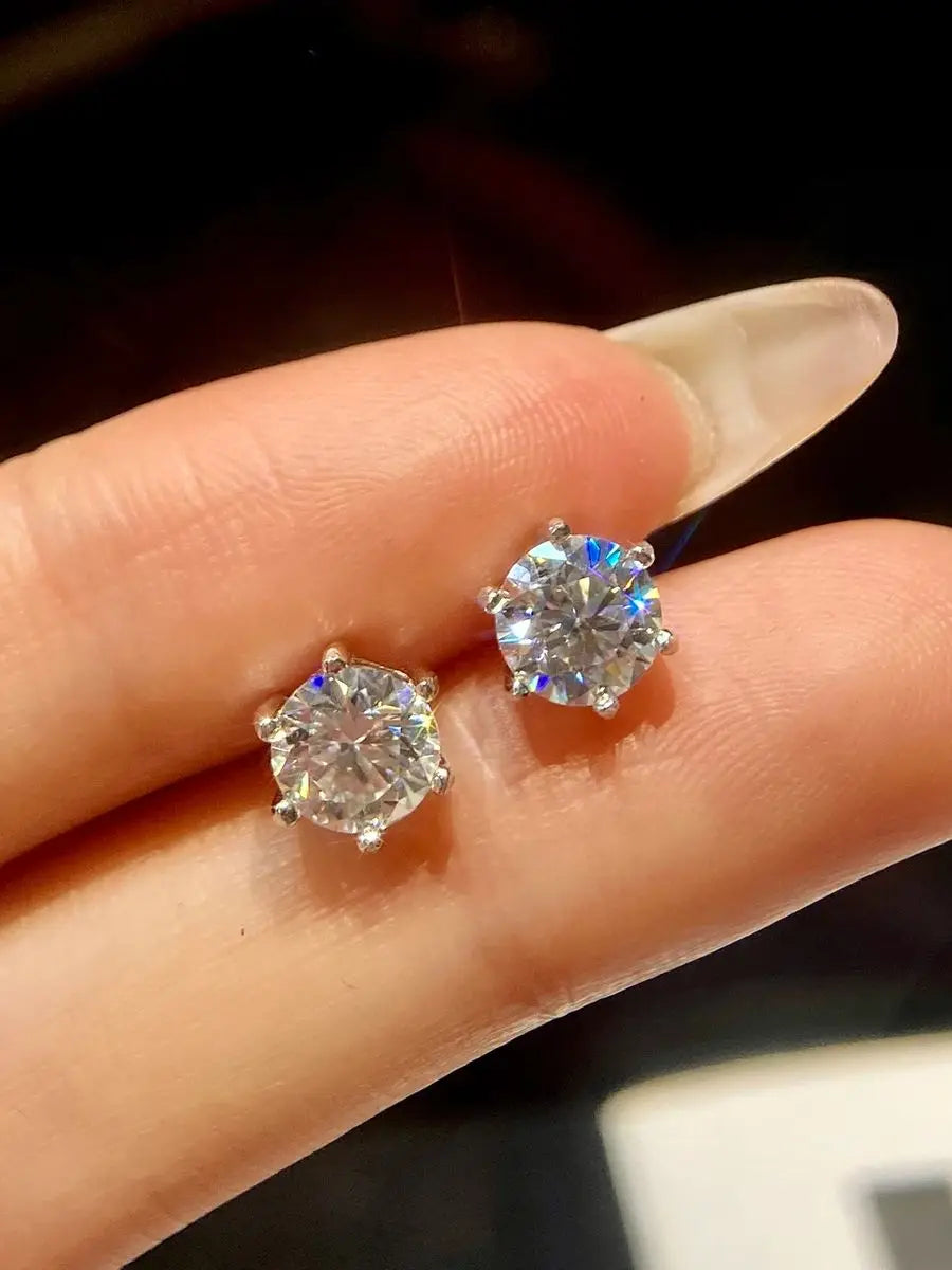Six-Prong Round Moissanite Stud Earrings in Sterling Silver - Round studs on hand