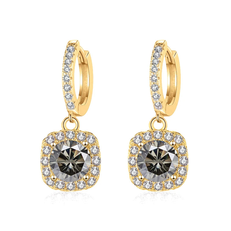 Colored Moissanite Cushion Halo Drop Hoop Earrings - Gray centers
