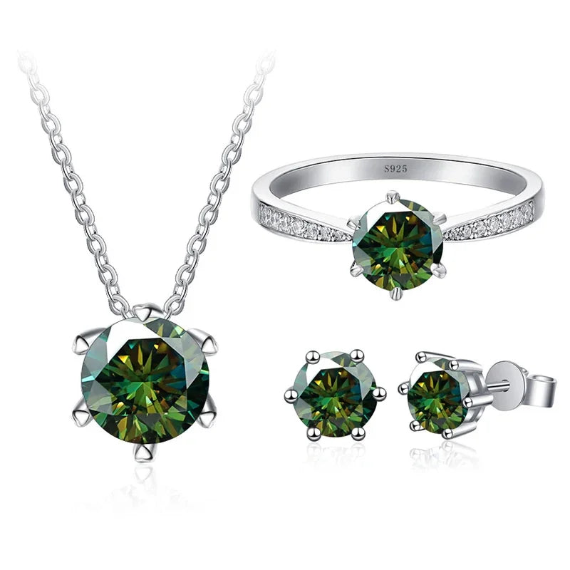 Colorful Moissanite Ring, Stud Earrings & Necklace Set — Dark Green set