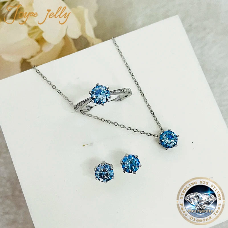 Colored Moissanite Necklace, Stud Earrings & Pavé Ring Set — Blue set