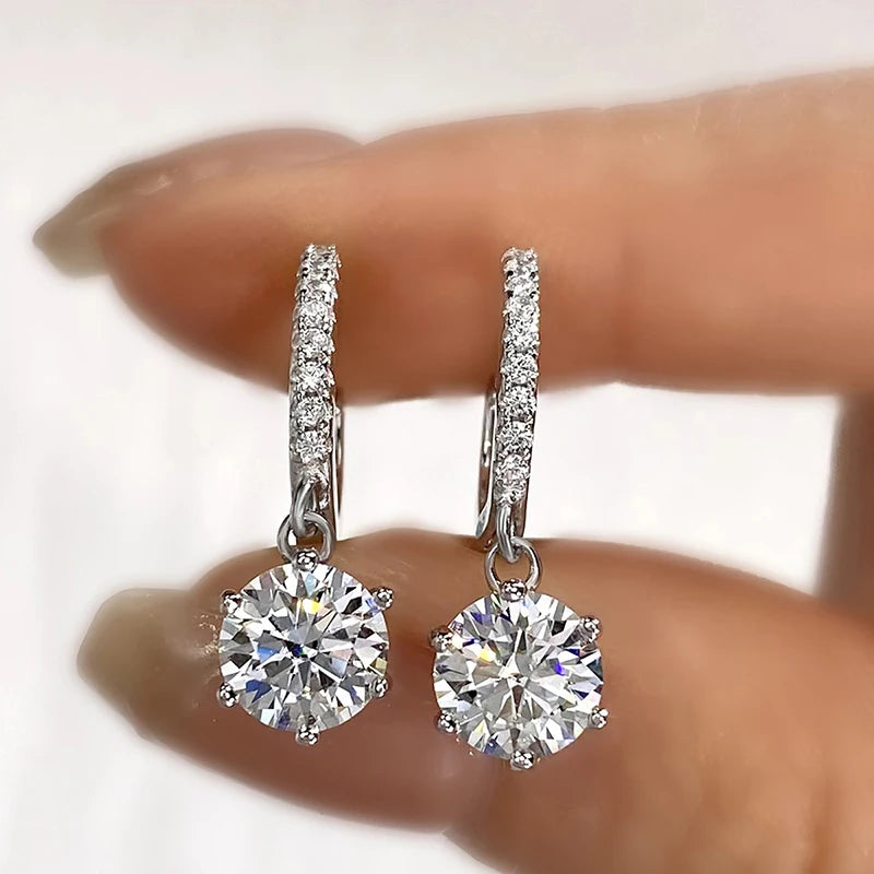 Round Moissanite Drop Huggie Earrings in 925 Sterling Silver — Pair on hand