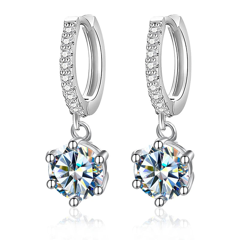Round Moissanite Drop Huggie Earrings in 925 Sterling Silver — Silver front pair