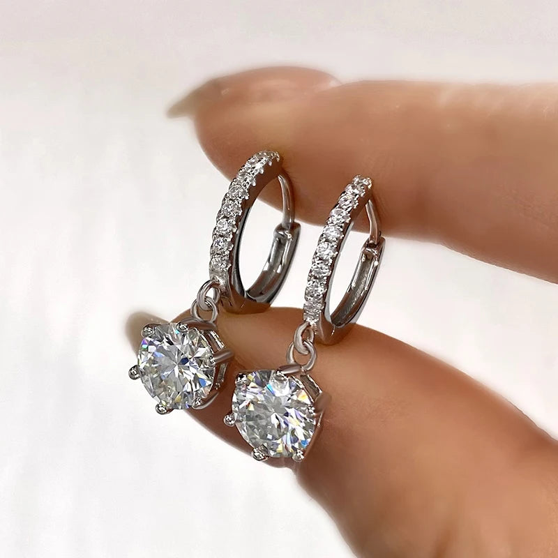 Round Moissanite Drop Huggie Earrings in 925 Sterling Silver — Angled drops