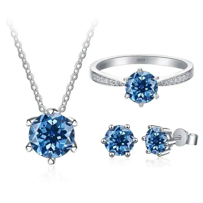Colorful Moissanite Ring, Stud Earrings & Necklace Set — Royal Blue set