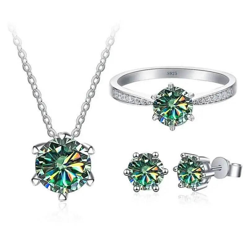 Colorful Moissanite Ring, Stud Earrings & Necklace Set — Blue-Green set