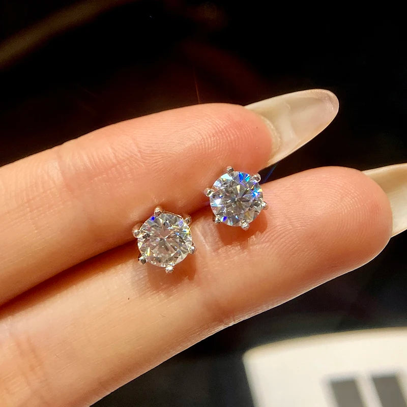 Six-Prong Round Moissanite Stud Earrings in Sterling Silver - Round studs on hand