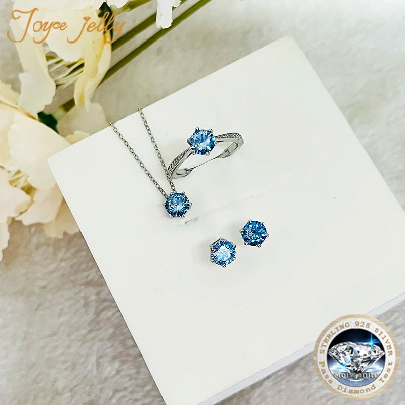 Colored Moissanite Necklace, Stud Earrings & Pavé Ring Set — Blue set on card
