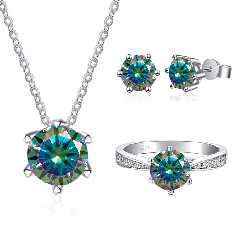Colored Moissanite Necklace, Stud Earrings & Pavé Ring Set — Multicolor green set