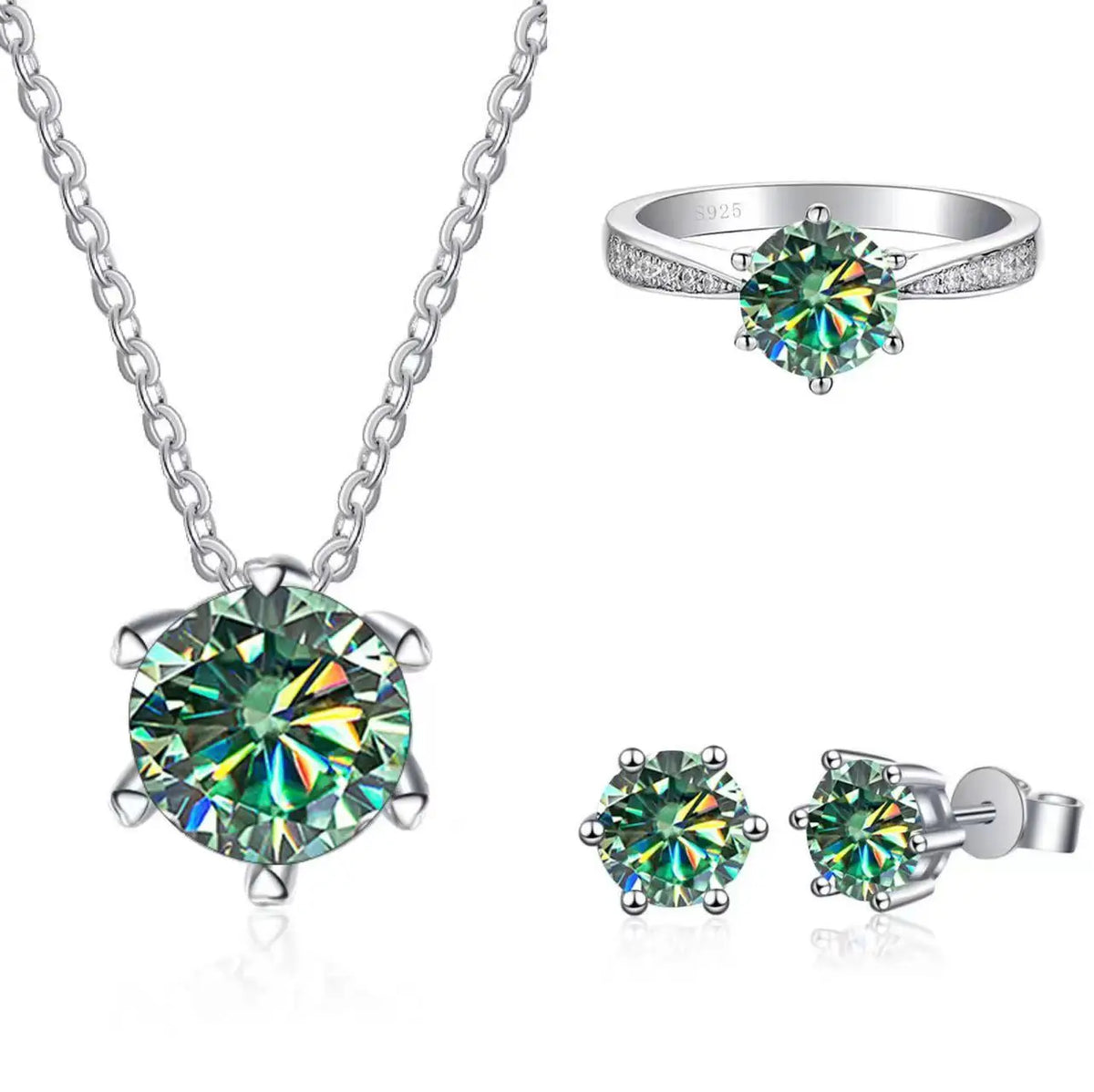 Colored Moissanite Necklace, Stud Earrings & Pavé Ring Set — Blue green set