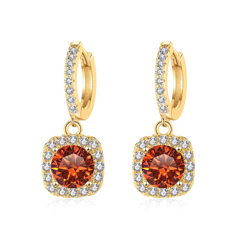Colored Moissanite Cushion Halo Drop Hoop Earrings - Orange centers