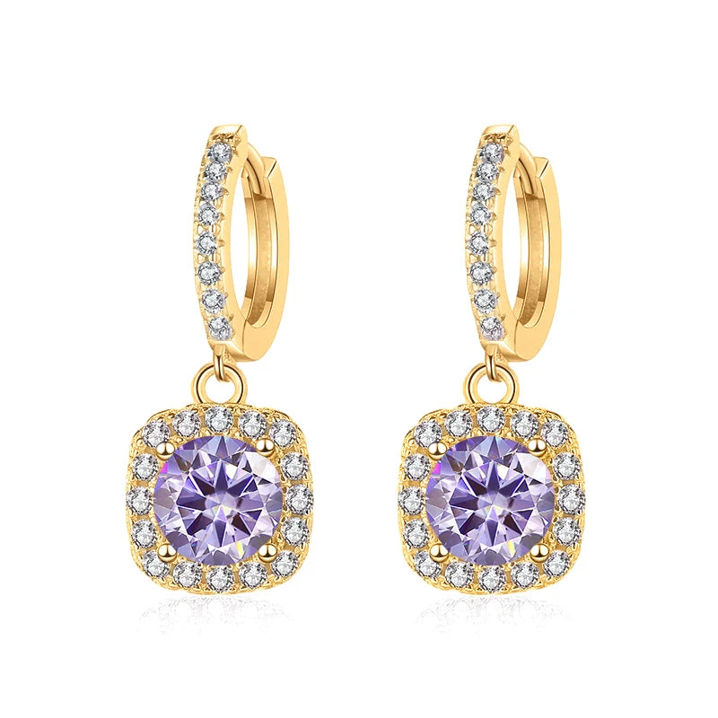 Colored Moissanite Cushion Halo Drop Hoop Earrings - Light purple centers