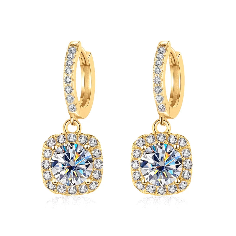 Colored Moissanite Cushion Halo Drop Hoop Earrings - White centers