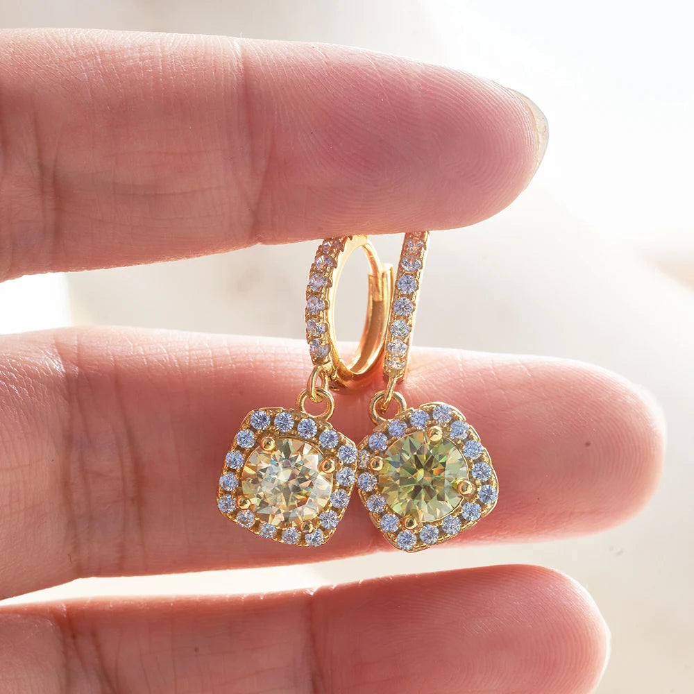 Colored Moissanite Cushion Halo Drop Hoop Earrings - Halo drops shown on hand