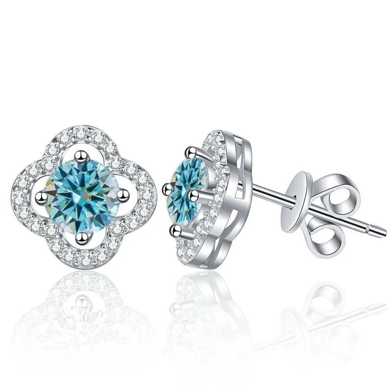 Colored Clover Halo Moissanite Stud Earrings in Sterling Silver — Light blue