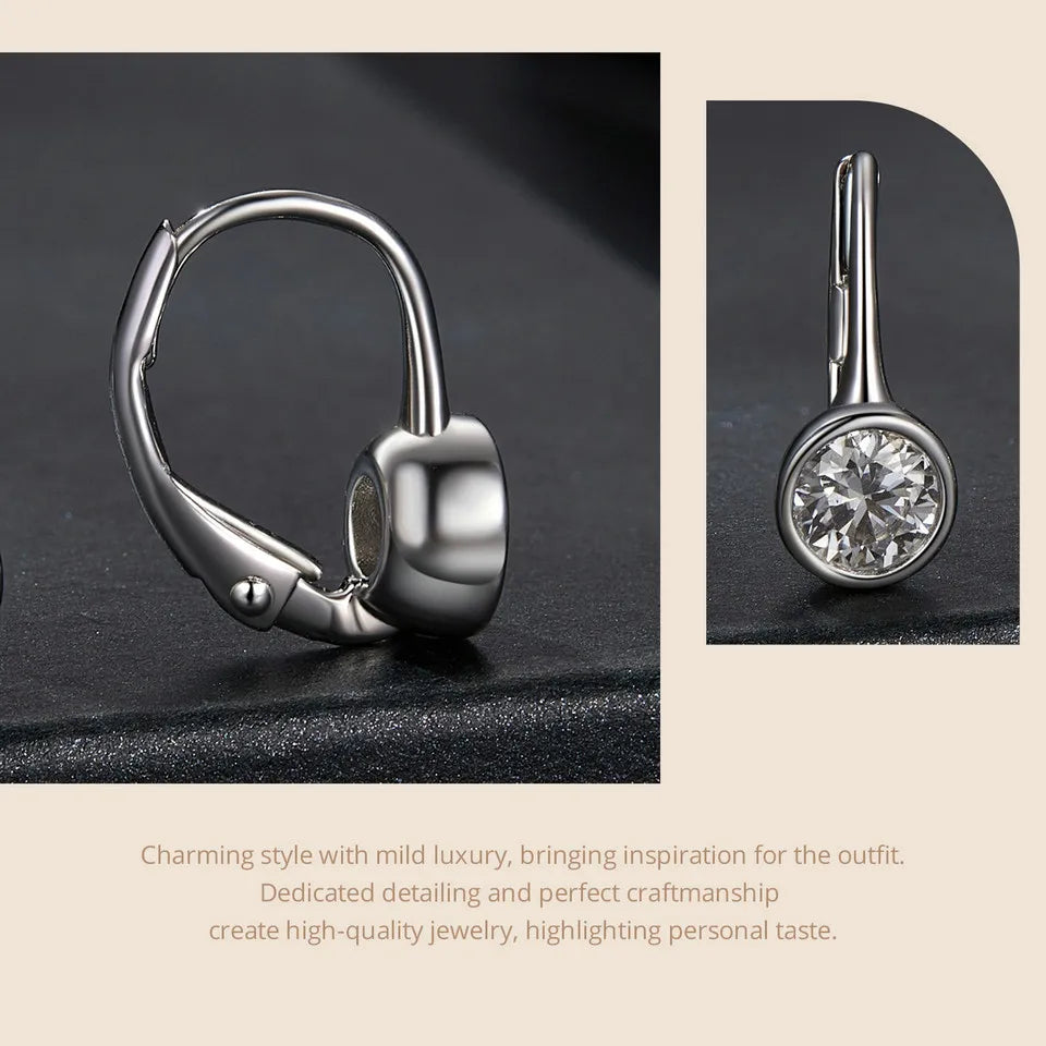 Round Bezel Moissanite Leverback Earrings in Silver — Leverback closure detail
