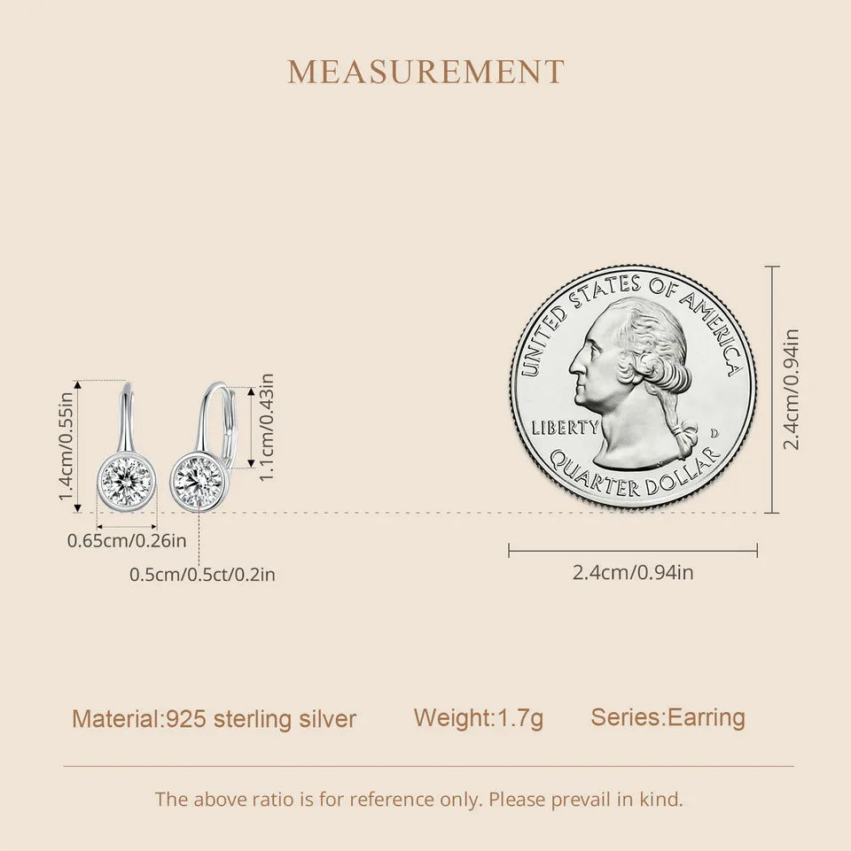 Round Bezel Moissanite Leverback Earrings in Silver — Measurements and coin comparison