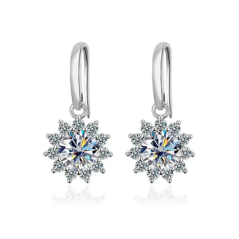 Colorful Sunburst Moissanite Drop Earrings in Sterling Silver — White stones