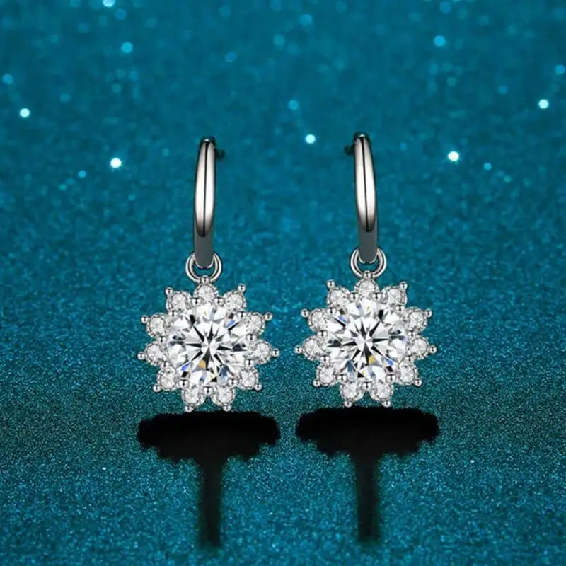 Colorful Sunburst Moissanite Drop Earrings in Sterling Silver — White stones