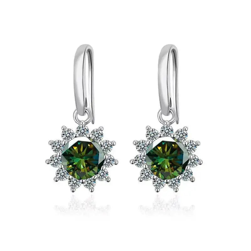 Colorful Sunburst Moissanite Drop Earrings in Sterling Silver — Dark Green stones