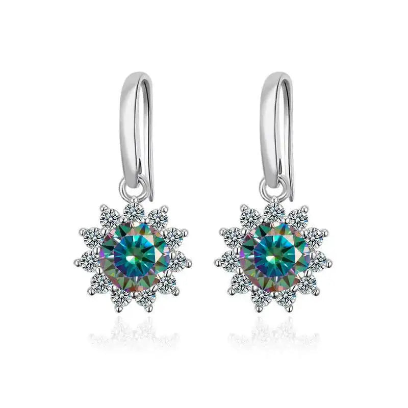 Colorful Sunburst Moissanite Drop Earrings in Sterling Silver — Rainbow stones