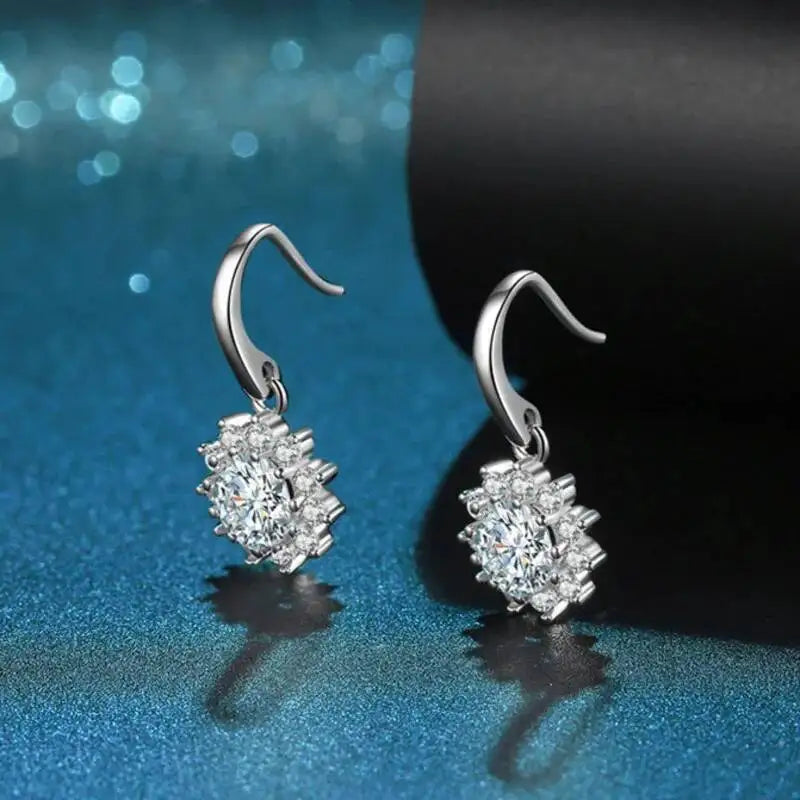 Colorful Sunburst Moissanite Drop Earrings in Sterling Silver — White stones and ear hooks