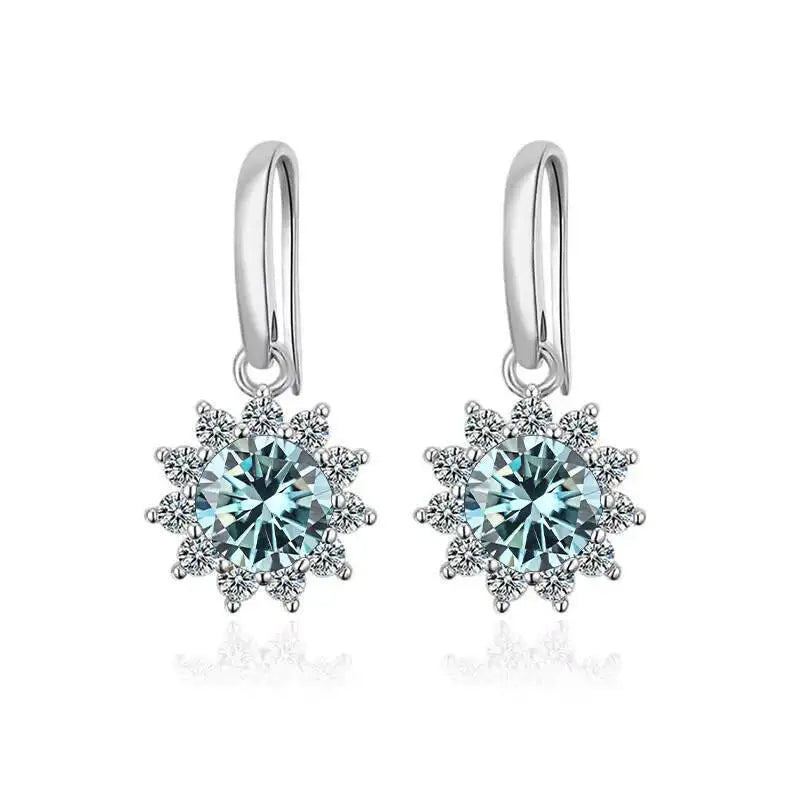 Colorful Sunburst Moissanite Drop Earrings in Sterling Silver — Blue stones