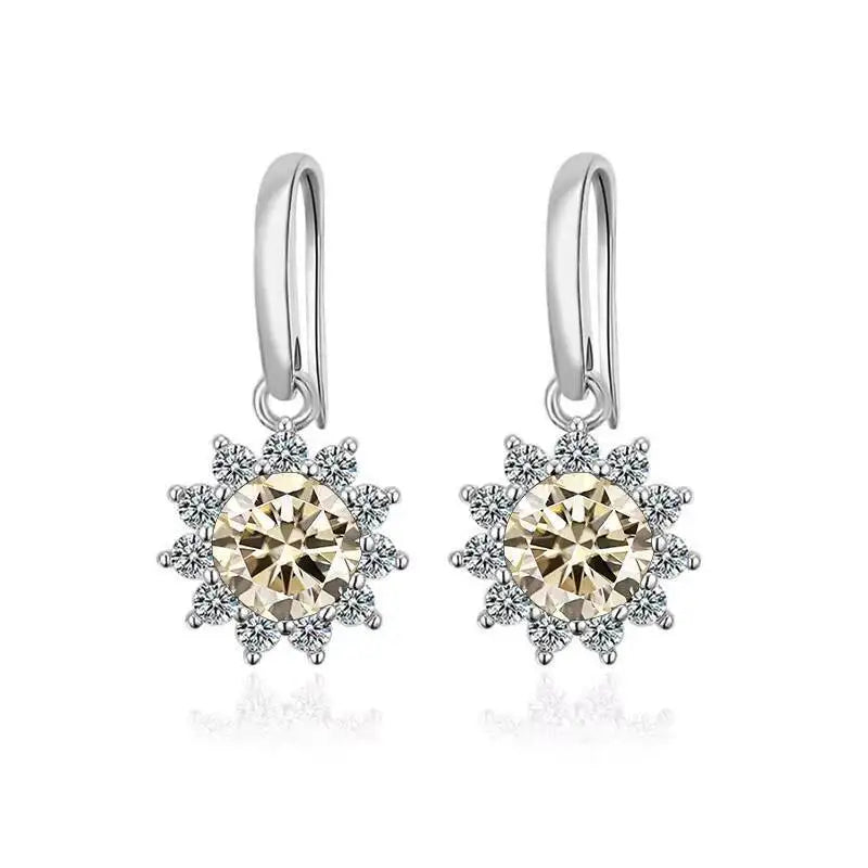 Colorful Sunburst Moissanite Drop Earrings in Sterling Silver — Light Yellow stones