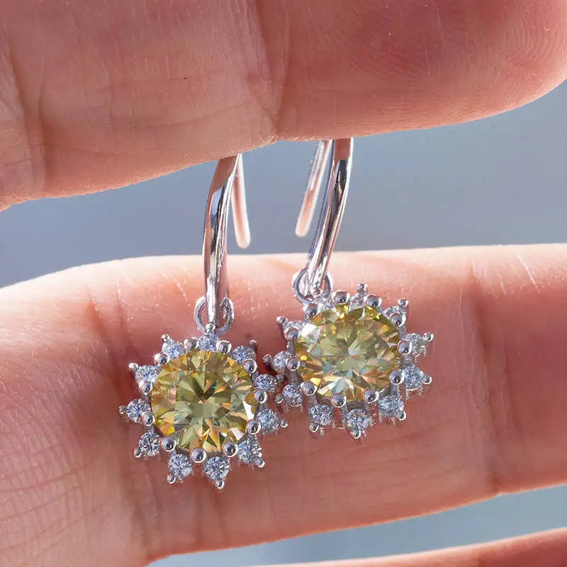 Colorful Sunburst Moissanite Drop Earrings in Sterling Silver — Yellow stones, sunburst settings