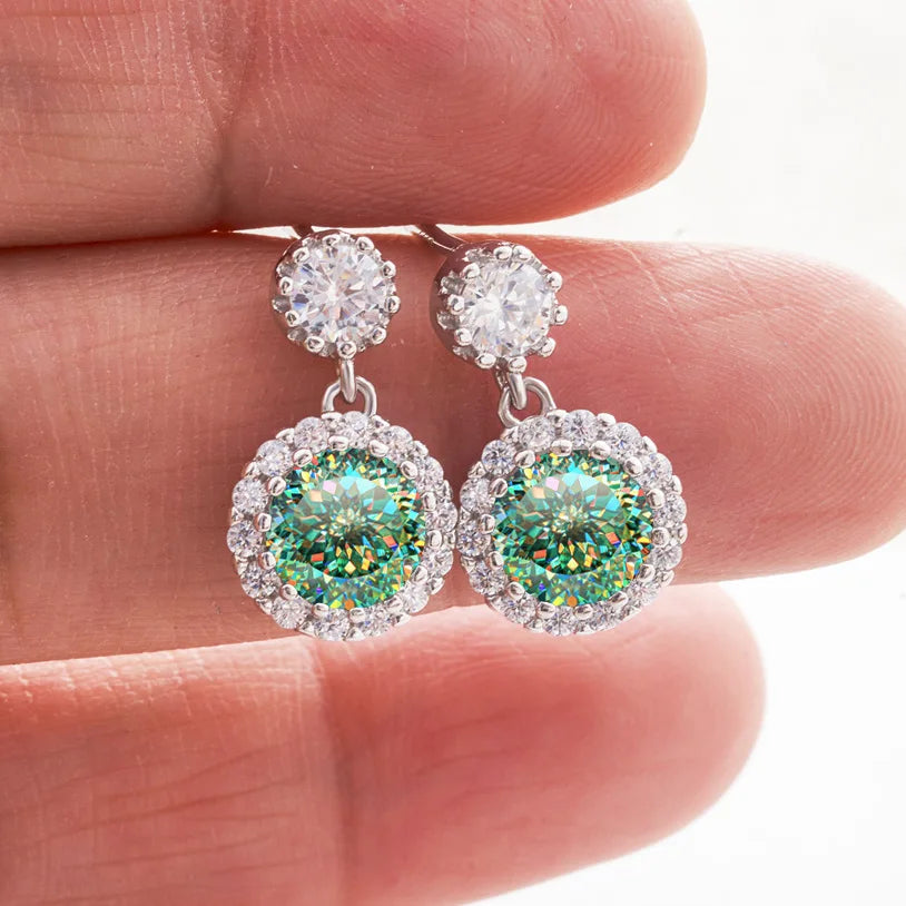 Colored Round Halo Moissanite Drop Earrings in Silver — Blue green Love Cut