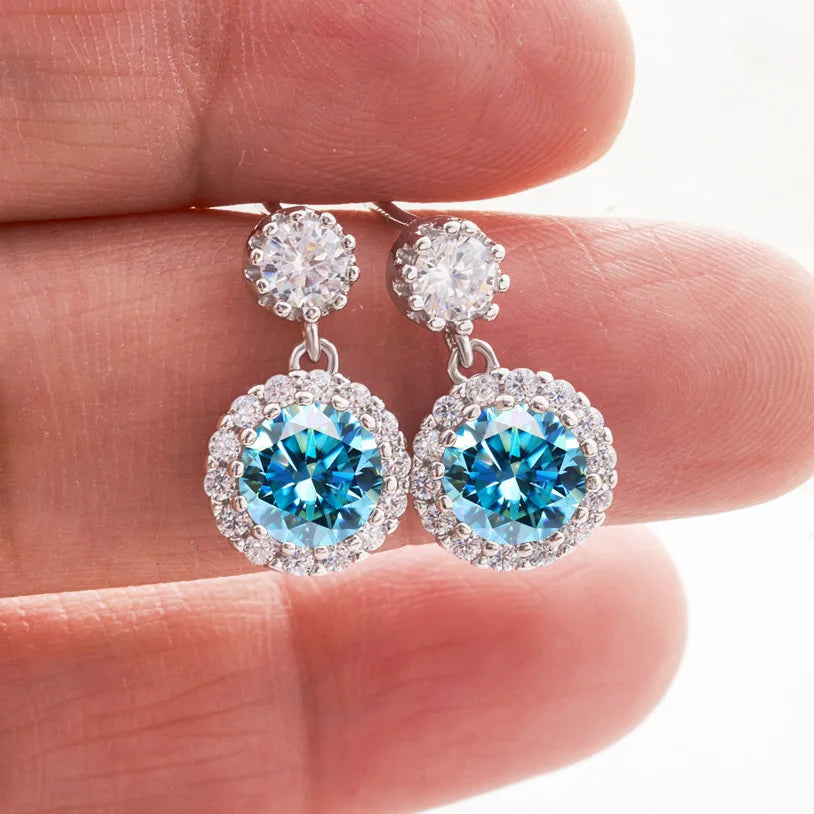 Colored Round Halo Moissanite Drop Earrings in Silver — Sea blue