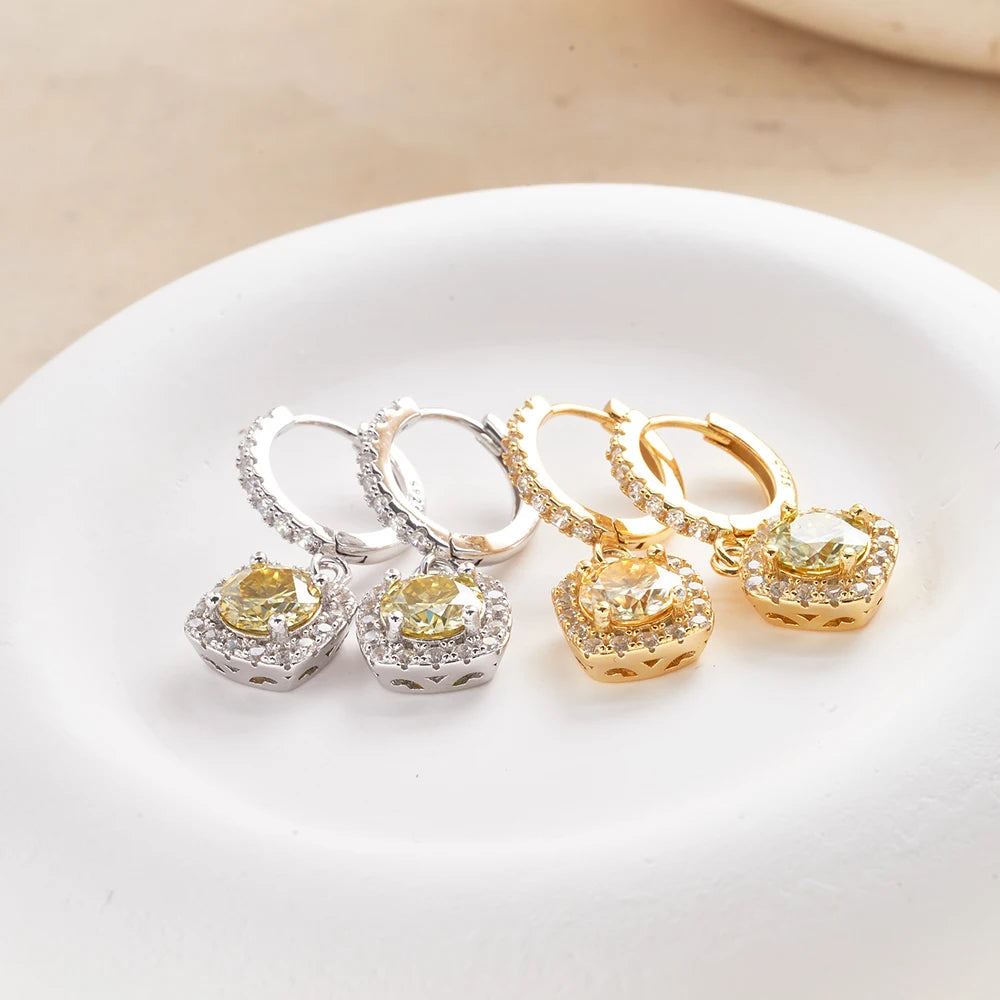 Colored Moissanite Cushion Halo Drop Hoop Earrings - Gold-tone and silver finish comparison