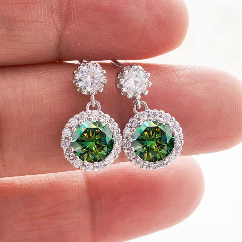 Colored Round Halo Moissanite Drop Earrings in Silver — Dark green