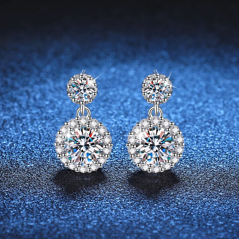 Colored Round Halo Moissanite Drop Earrings in Silver — White halo drop pair