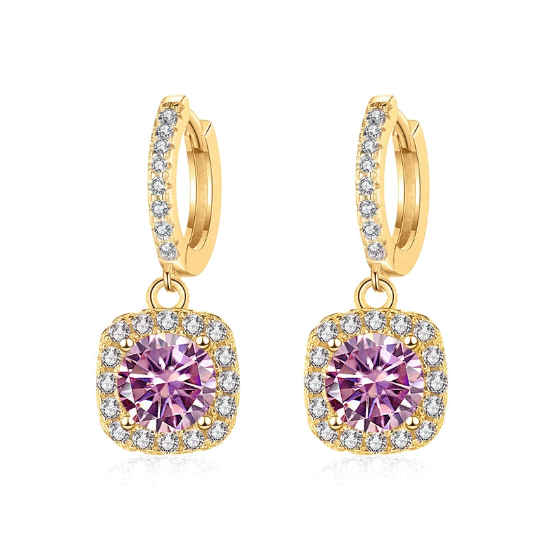 Colored Moissanite Cushion Halo Drop Hoop Earrings - Pink centers