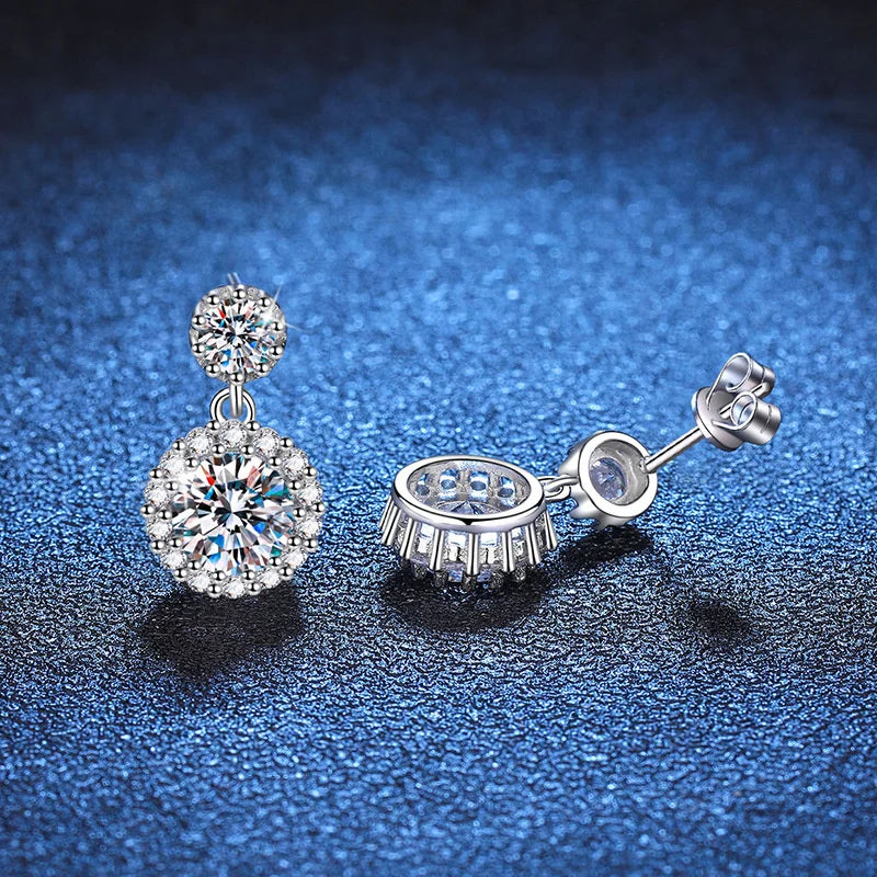 Colored Round Halo Moissanite Drop Earrings in Silver — White center stone detail